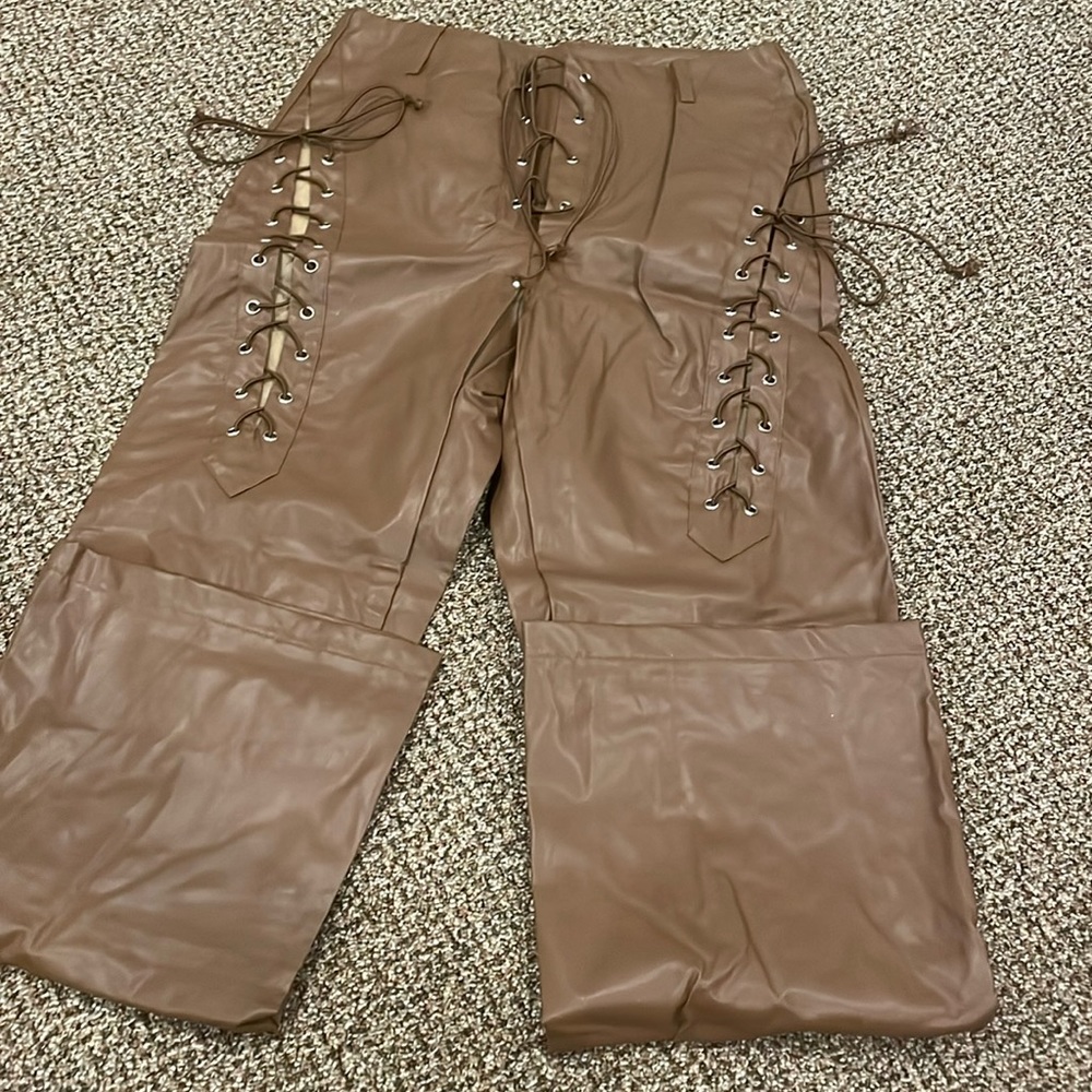 SHEIN Brown Faux Leather Lace-Up Wide Leg Pants